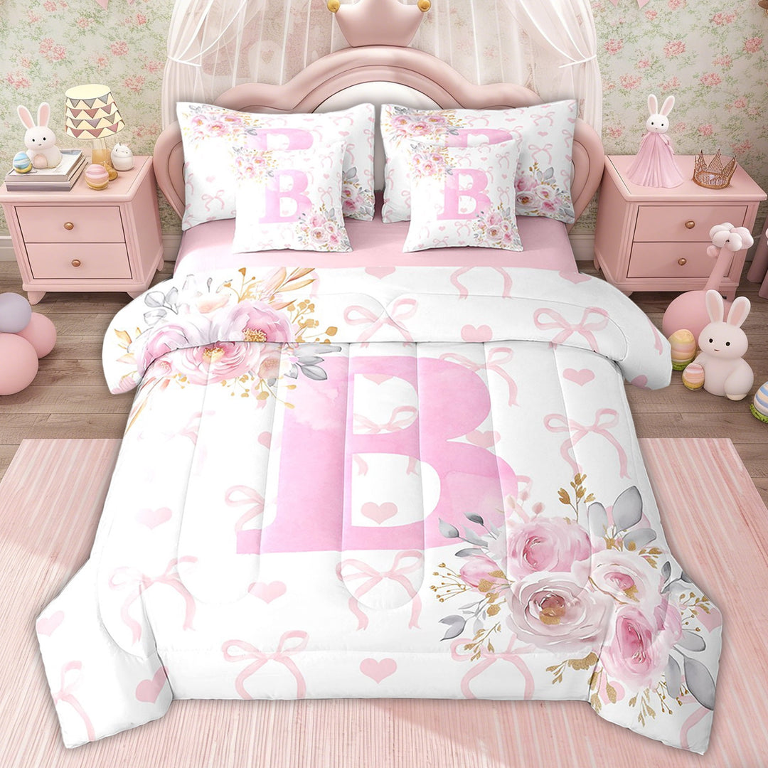 Erosebridal Dreamy Initial A-Z Bed in a Bag Twin size for Kids, Initial Letter B Bed Set, Pink Rose Decor, Pink Reversible 7pcs