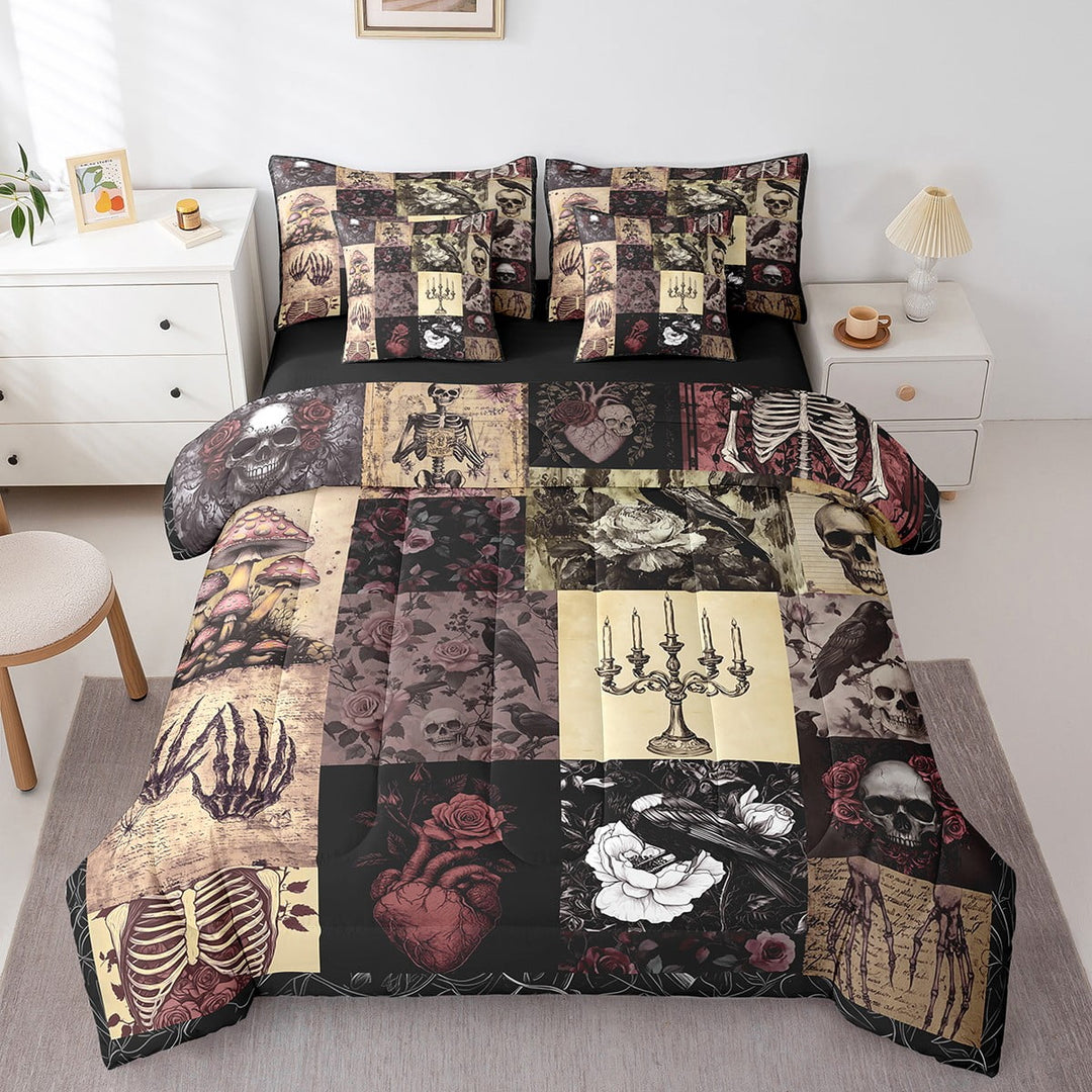 Boho Skeleton 7Pcs Comforter Set Full,Gothic Crow Mushroom Bedding Set,Dark Red Rose Gird Fitted Flat Sheet Woman Adult Room Decor,Vintage Hippie Style 2 Throw Pillow Covers,2 Pillowcases