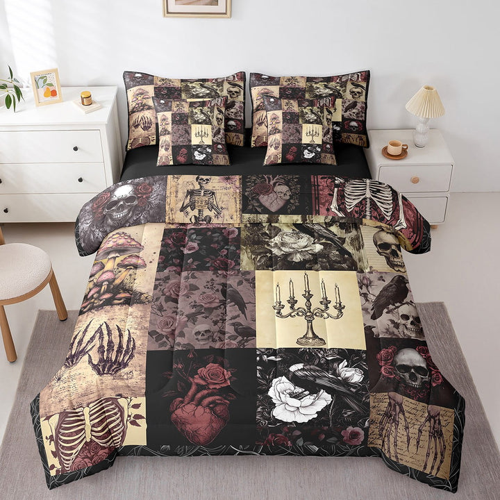 Boho Skeleton 7Pcs Comforter Set Full,Gothic Crow Mushroom Bedding Set,Dark Red Rose Gird Fitted Flat Sheet Woman Adult Room Decor,Vintage Hippie Style 2 Throw Pillow Covers,2 Pillowcases