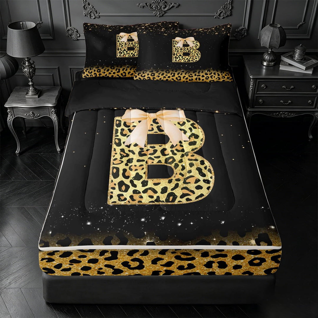 meiyoeat Gold Cheetah Initial B Zipper Twin Comforter Sets with Fitted Sheet and 2 Pillowcases,Glitter Print Monogram Art Zipper Bedding Set For Girl,Black Reversible,4 Pieces