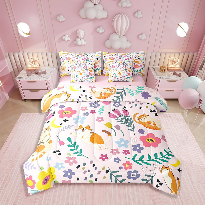 Floral Cat Comforters Twin Size Set with Sheets Kawaii Kitten Flower - 7 Pieces Bed in a Bag Twin Cute Animal Beddding Sets with Comforter, Sheets, Pillowcases &amp; Shams