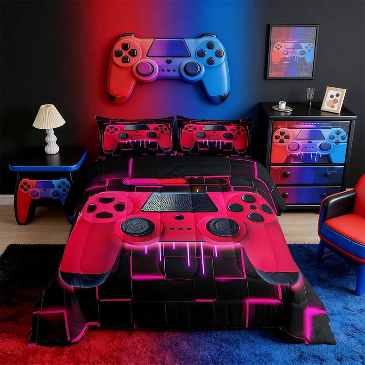 Red Gaming Full Size Comforter Sets - Gamer Comforter Full Size Bedding Set, Neon Lights Abstract Geometry Design Gamer Room Decor