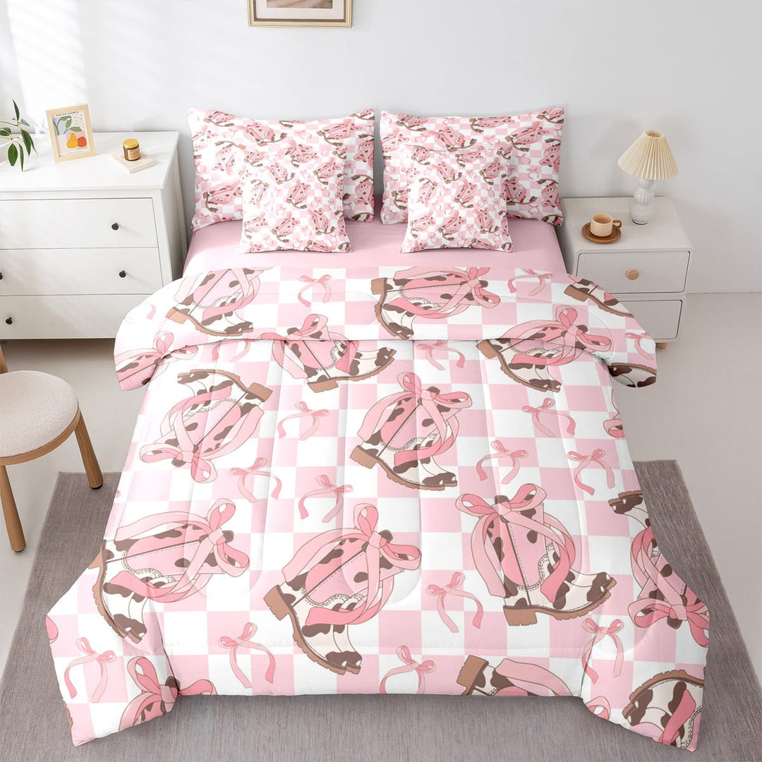 Feelyou Bowknot Cowgirl Boot Twin Bedding Sets 7-Piece for Kids, Cute Western Princess Bedding Comforter Set, Pink Buffalo Plaid Reversible Sheet Sets, Microfiber Bedroom Decor