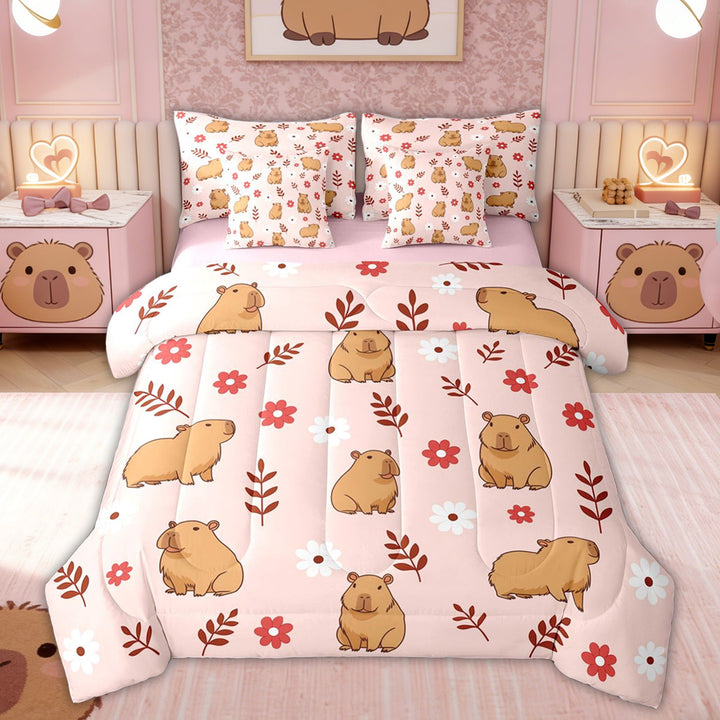 Erosebridal Capybara Kids Twin Bedding Sets, Cartoon Flower Leaf Bedding Comforter Set, Pink Reversible, 7-Piece