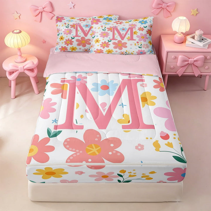 meiyoeat Girls Personalized Monogram M Gifts Zipper Twin Comforter Sets with Fitted Sheet and 2 Pillowcases For Kids,Watercolor Kawaii Floral Zipper Bedding Set,pink Reversible,4-Piece