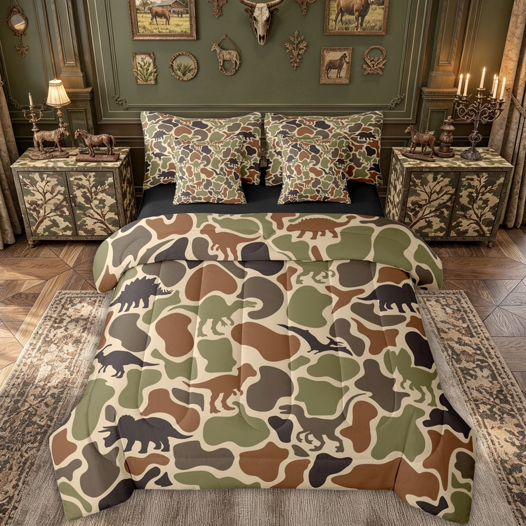 meiyoeat Woodland Camo Dinosaur Full Size Bedding Sets for Kids Boys, Cartoon Dino Wildlife Full Size Bed in a Bag, Brown Green, Black Reversible, 7pcs