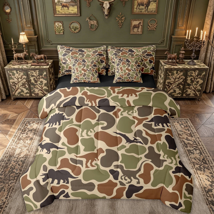 meiyoeat Woodland Camo Dinosaur Full Size Bedding Sets for Kids Boys, Cartoon Dino Wildlife Full Size Bed in a Bag, Brown Green, Black Reversible, 7pcs
