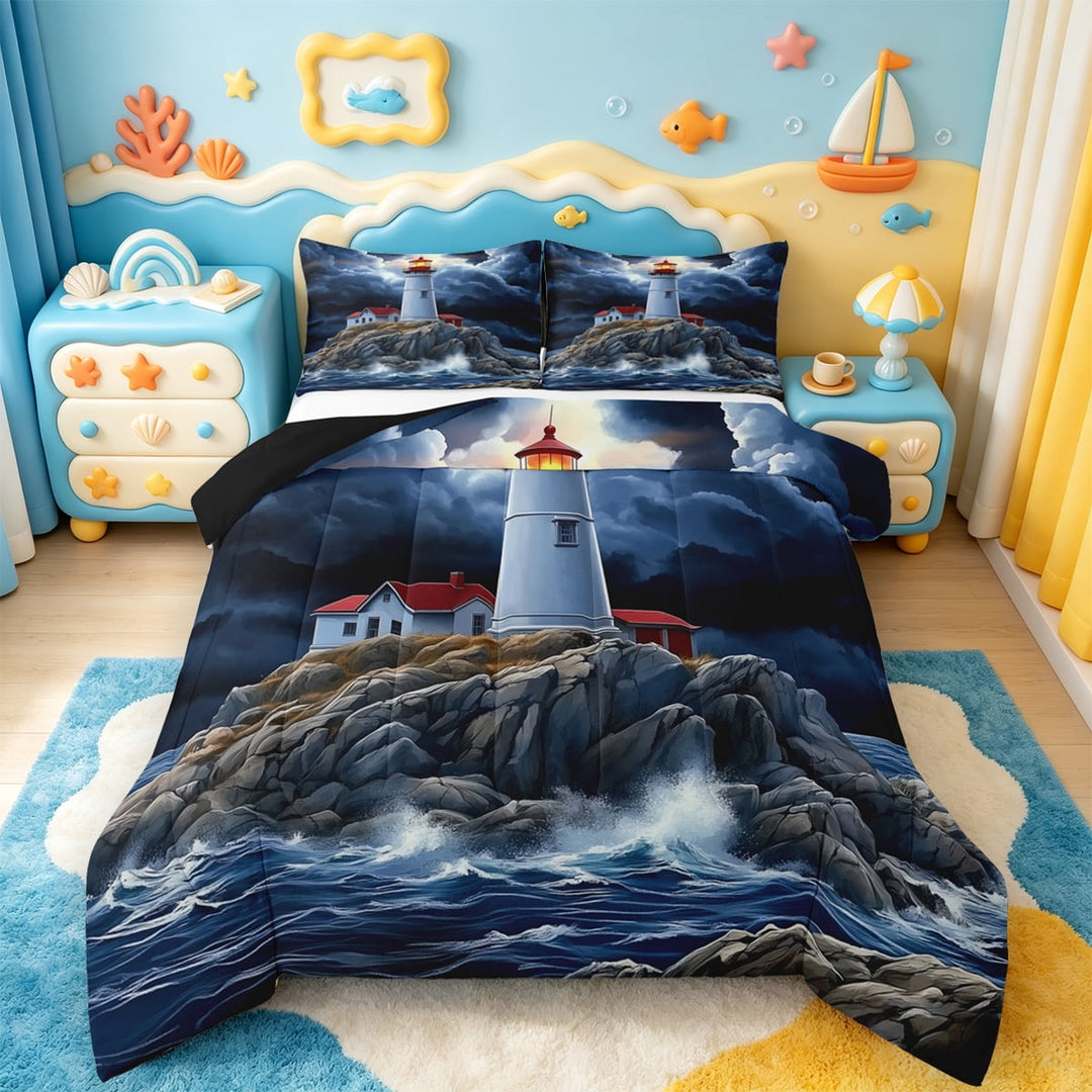 jejeloiu Ocean Lighthouse Bedding Comforter Set,Sea Waves Twin Comforter Sets,Red White Blue Bedding Set,Luxury Bedroom Decor Reversible,2pcs