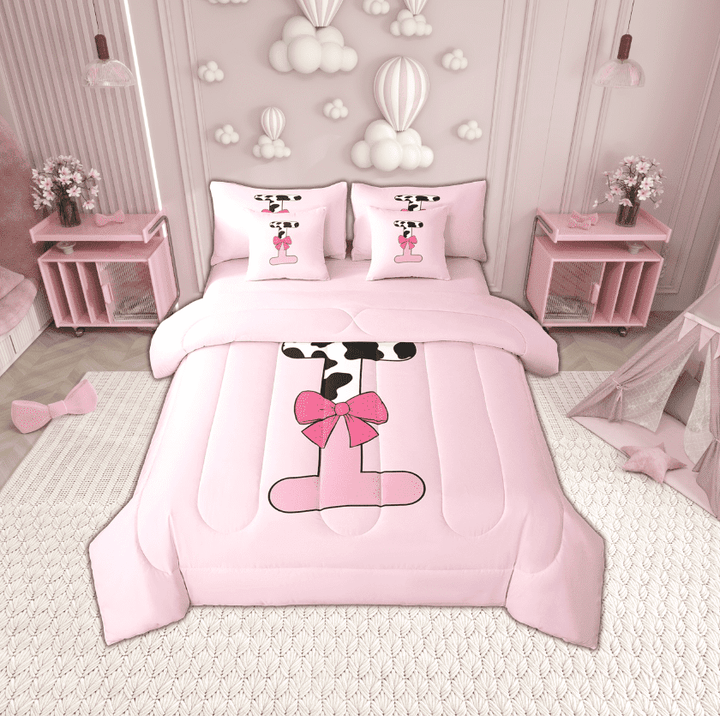 Erosebridal Initial Monogrammed Bedding Sets Twin Size,Bowknot Cow Print Comforter Sets with Sheets,Lightweight Reversible Bed in a Bag Twin size,Kawaii Room Decorative,7pcs
