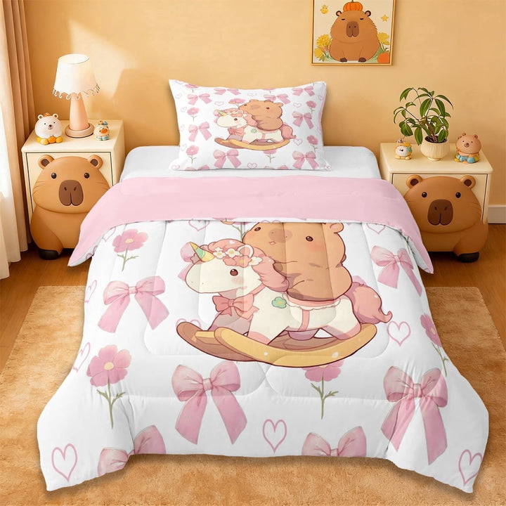 Erosebridal Cute Capybara Unicorn Twin Comforter Sets,Pink Bowknot Kawaii Floral Bedding Set For Girls Kids ,Reversible Pink 2-Piece