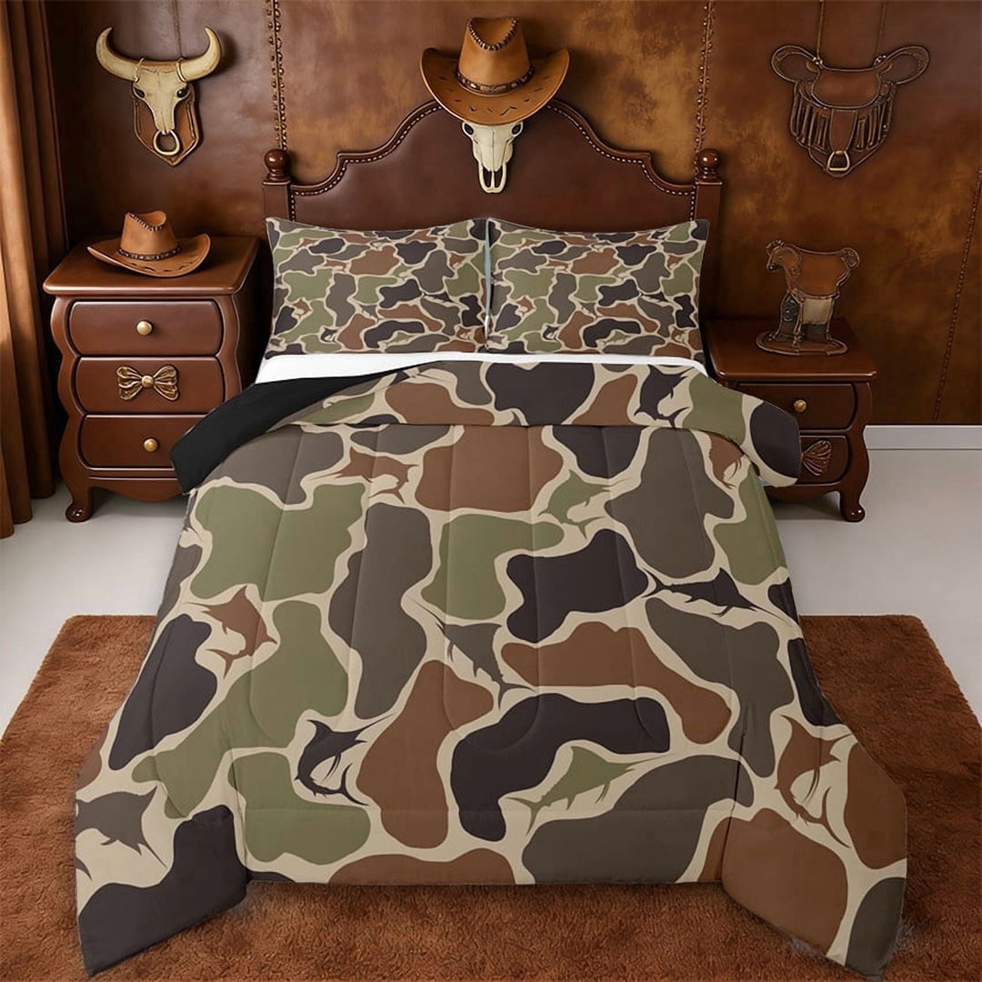 Erosebridal Green Camo Hunting Full Size Comforter Sets,Woodland Camouflage Bedding Sets For Boys Kids,Reversible Black,3pcs