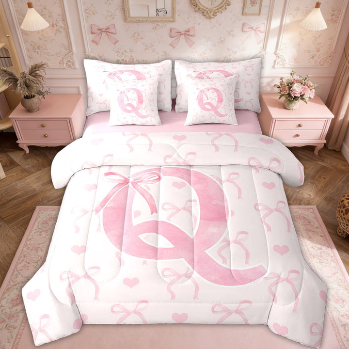 Erosebridal Initial Q Letter Bedding Sets Twin Size, Cute Bowknot Love Comforter Sets with Sheets, Dreamy Princess Decor, Reversible