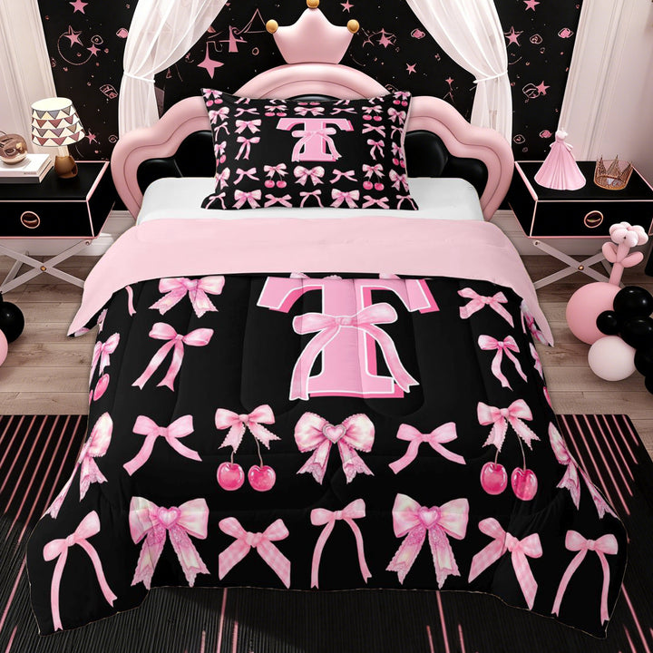 Erosebridal Initial T Twin Comforter Sets for Kids, Black Pink Bowknot Bedding Set, 2pcs