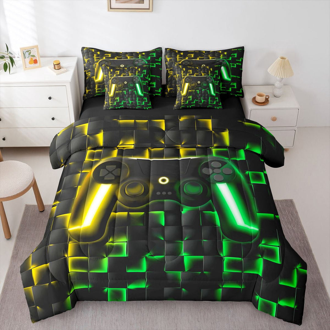 Gamer Bedding Twin 7-Piece, Glowing Plaid Print, Green Yellow Geometric, Black Reversible