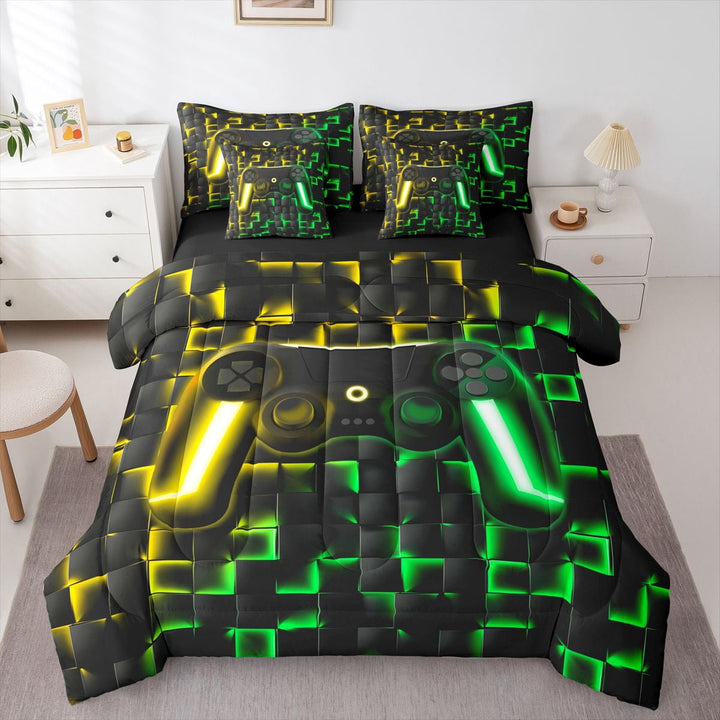 Gamer Bedding Twin 7-Piece, Glowing Plaid Print, Green Yellow Geometric, Black Reversible