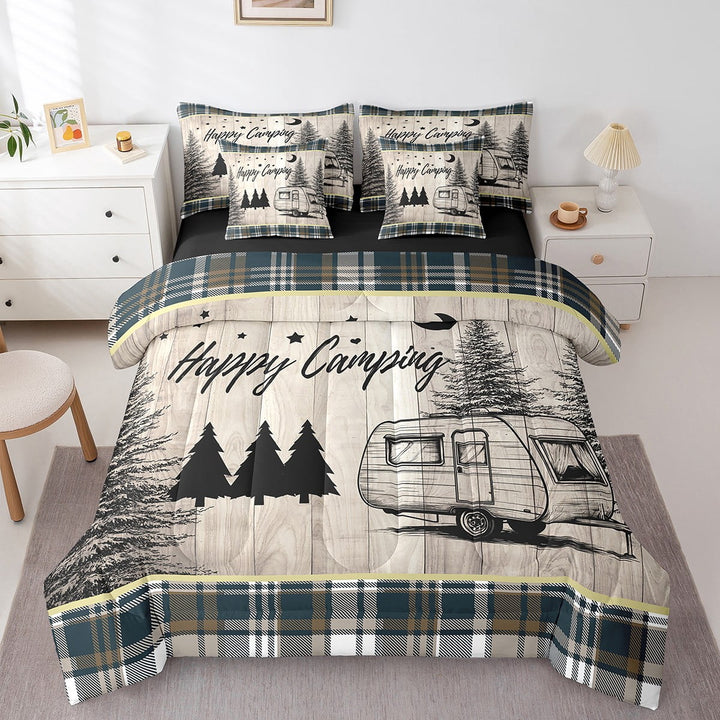 Erosebridal Camping Camper Bedding Sets King Size,Geometric Plaid Bed in a Bag King size,Breathable Reversible Bedding King Size,Rustic Room Decorative,7 Pieces