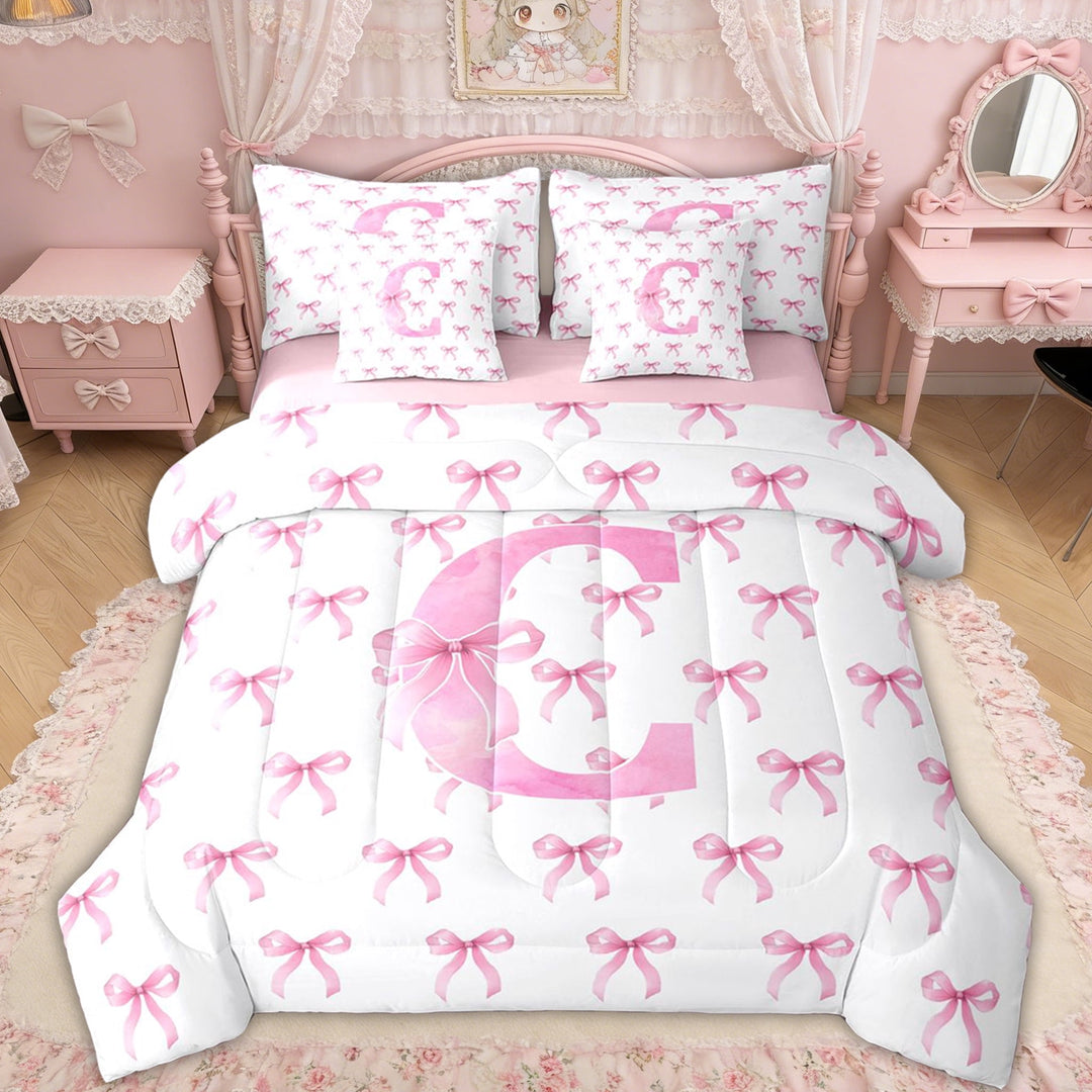 Erosebridal Bow Letter C Twin Bedding Sets for Girls, Pink Watercolor Ribbon Bedding Comforter Set, Pink Reversible, 7-Piece