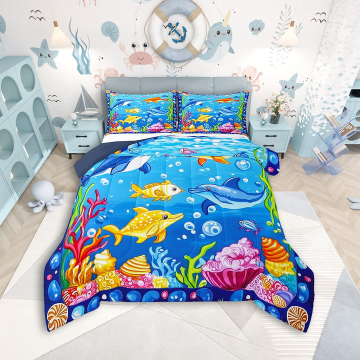 Erosebridal Cartoon Fish Comforter Set Twin Size Cute Dolphin Ocean Animals Bedding Set Sea Creatures Theme Comforter Marine life Sealife Quilt Set