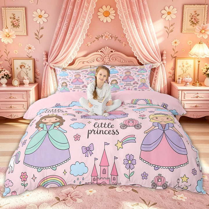 Meiyoeat Cute Princess Castle Rainbow Duvet Cover Set for Kids Girls, Girly Pink Cartoon Bedding Full, Pink Reversible, 1 Duvet Cover and 2 Pillowcases (No Comforter)