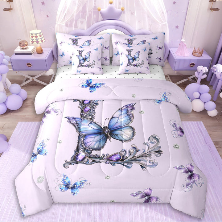 Erosebridal Personalized Initial L Twin Bedding Sets 7-Piece For Girls,Purple Blue Butterflies Bedding Comforter Set For Kids Teens,Lightweight Room Decor