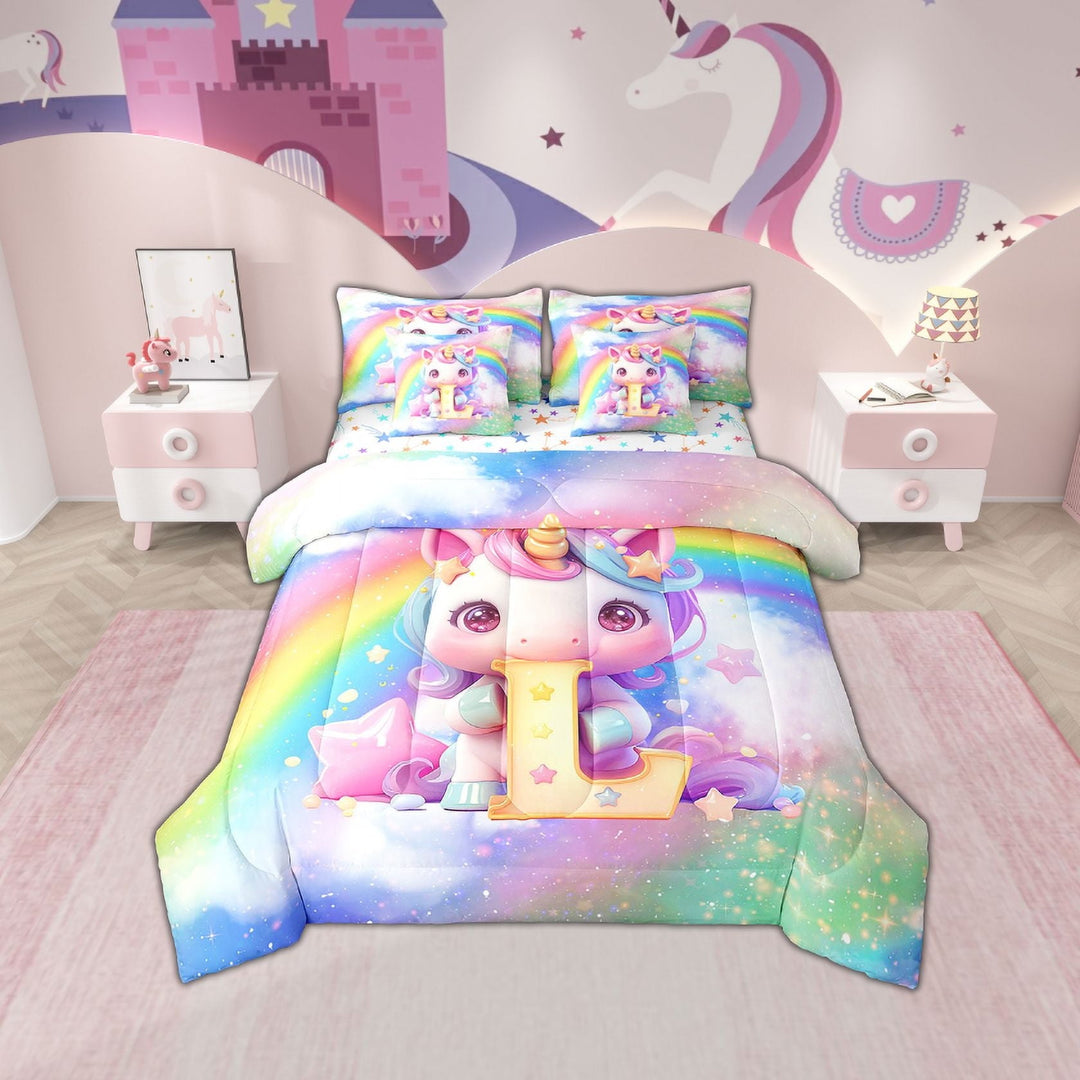 Erosebridal Rainbow L Bedding Sets Twin Size, Initial Letter Comforter Sets with Sheets, Cute Unicorn Reversible Bedding Twin Size, Lightweight Bedroom Decorative, 7-Piece