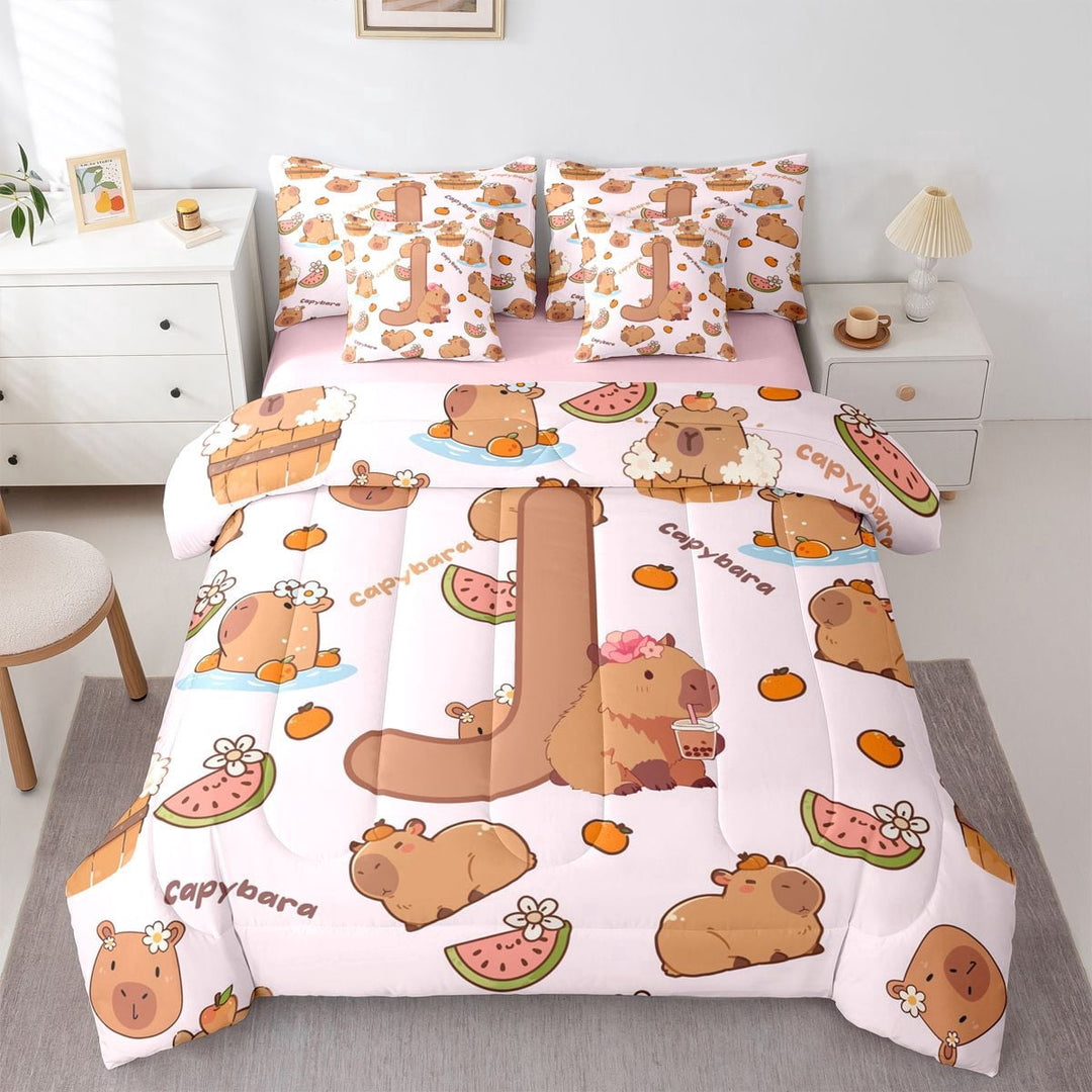 Erosebridal Kids J Personalized Initial Capybara Bubble Tea Twin Bedding Sets 7-Piece,Boys Girls Kawaii Funny Food Bedding Comforter Set,Pink Reversible