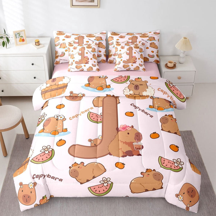 Erosebridal Kids J Personalized Initial Capybara Bubble Tea Twin Bedding Sets 7-Piece,Boys Girls Kawaii Funny Food Bedding Comforter Set,Pink Reversible