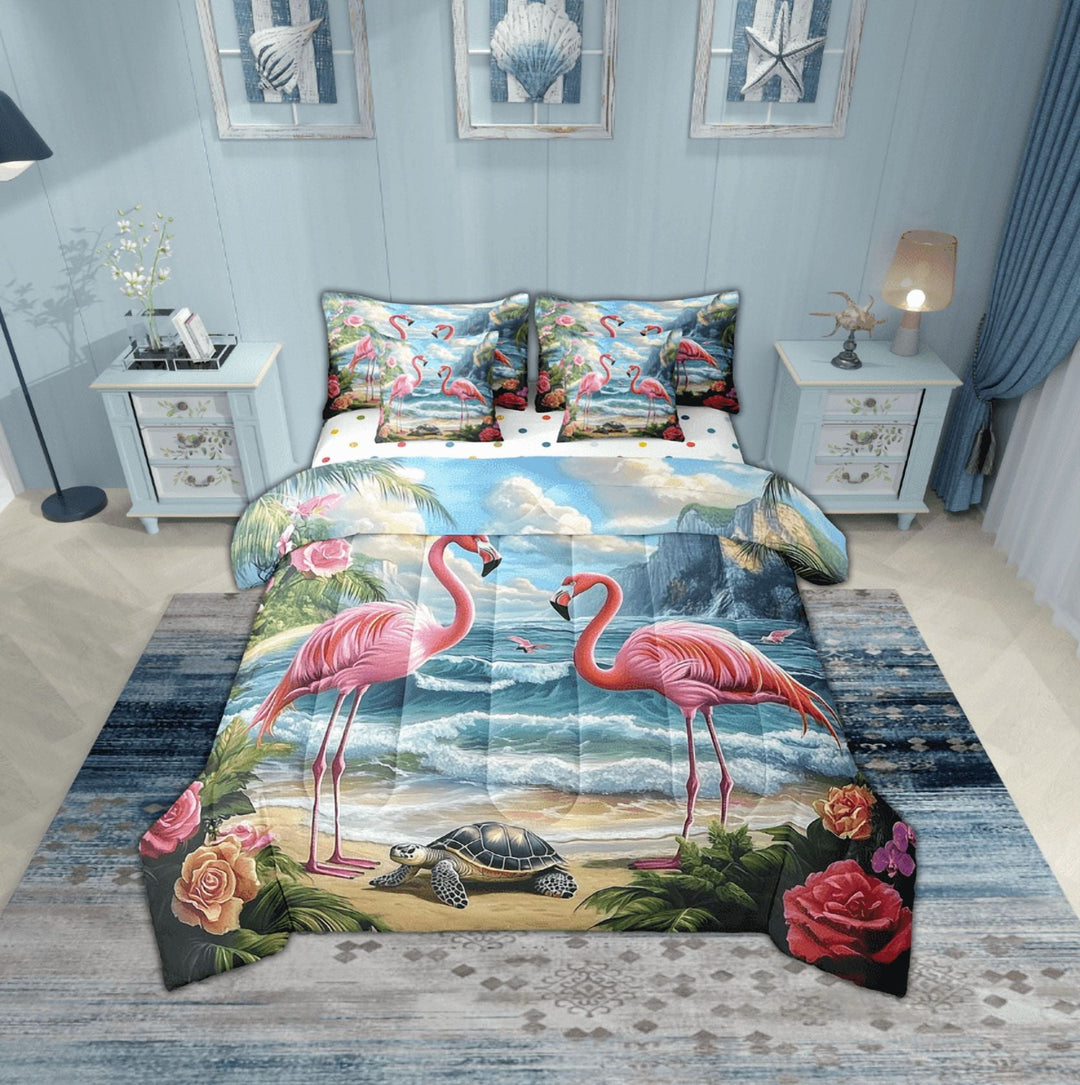 Erosebridal Marine Turtle Bedding Sets Twin Size,Pink Flamingo Comforter Sets with Sheets,Summer Beach Decoration,Reversible,Breathable,7pcs