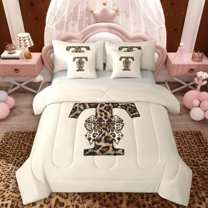 Erosebridal Teens Adults T Personalized Initial Twin Bedding Sets 7-Piece,Leopard Print Bow Knot Bedding Comforter Set For Girls Boys,Grey Reversible