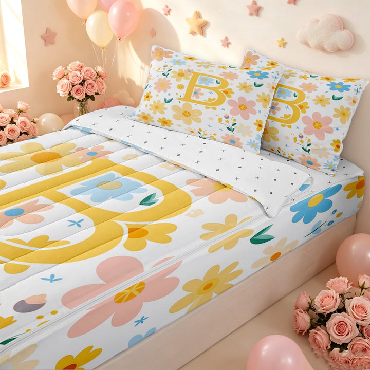 meiyoeat Floral Letter B Zipper Twin Comforter Sets with Fitted Sheet and 2 Pillowcases for Girls, Spring Daisy Groovy Zipper Bedding Set, Multicolor, Reversible, 4-Piece