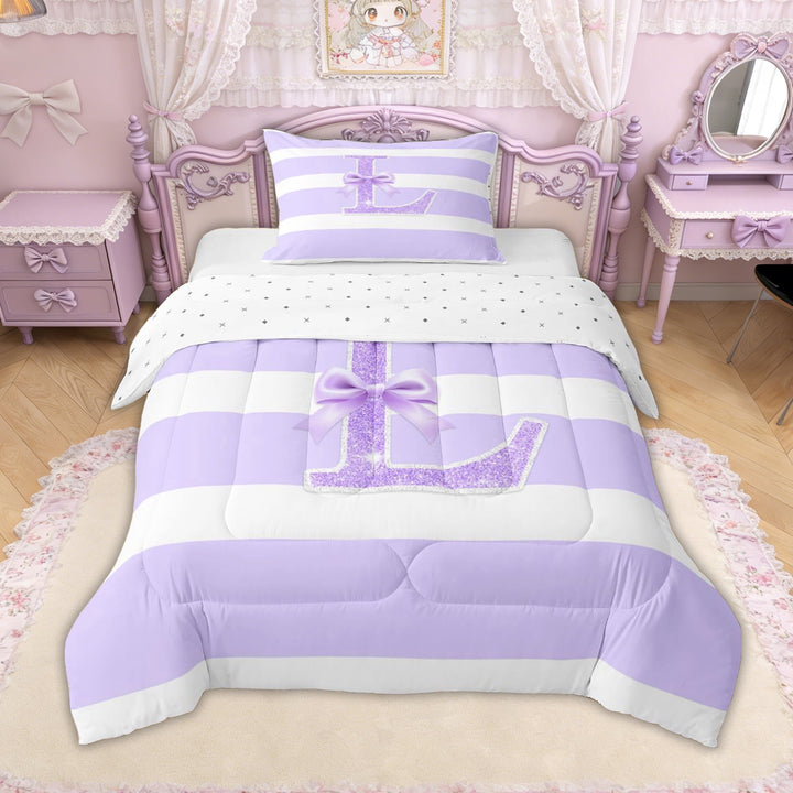 Erosebridal Glitter Print Bow Letter L Twin Comforter Sets for Girls, Purple Stripes Ribbon Bedding Set, Reversible, 2pcs