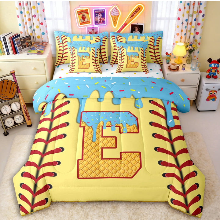 Erosebridal Light Blue Dripping Baseball Stitch &amp; Waffle Letter E Graphic Twin Bedding Sets 7-Piece, Alphabet Graphic Bedding Comforter Set for Boys And Girls Kids,Ultra Soft Home Decor