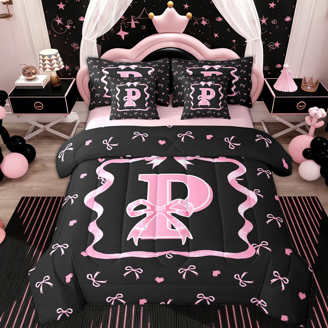Erosebridal Girls Bow P Letter Twin Bedding Sets 7-Piece, Watercolor Love Heart Bedding Comforter Set