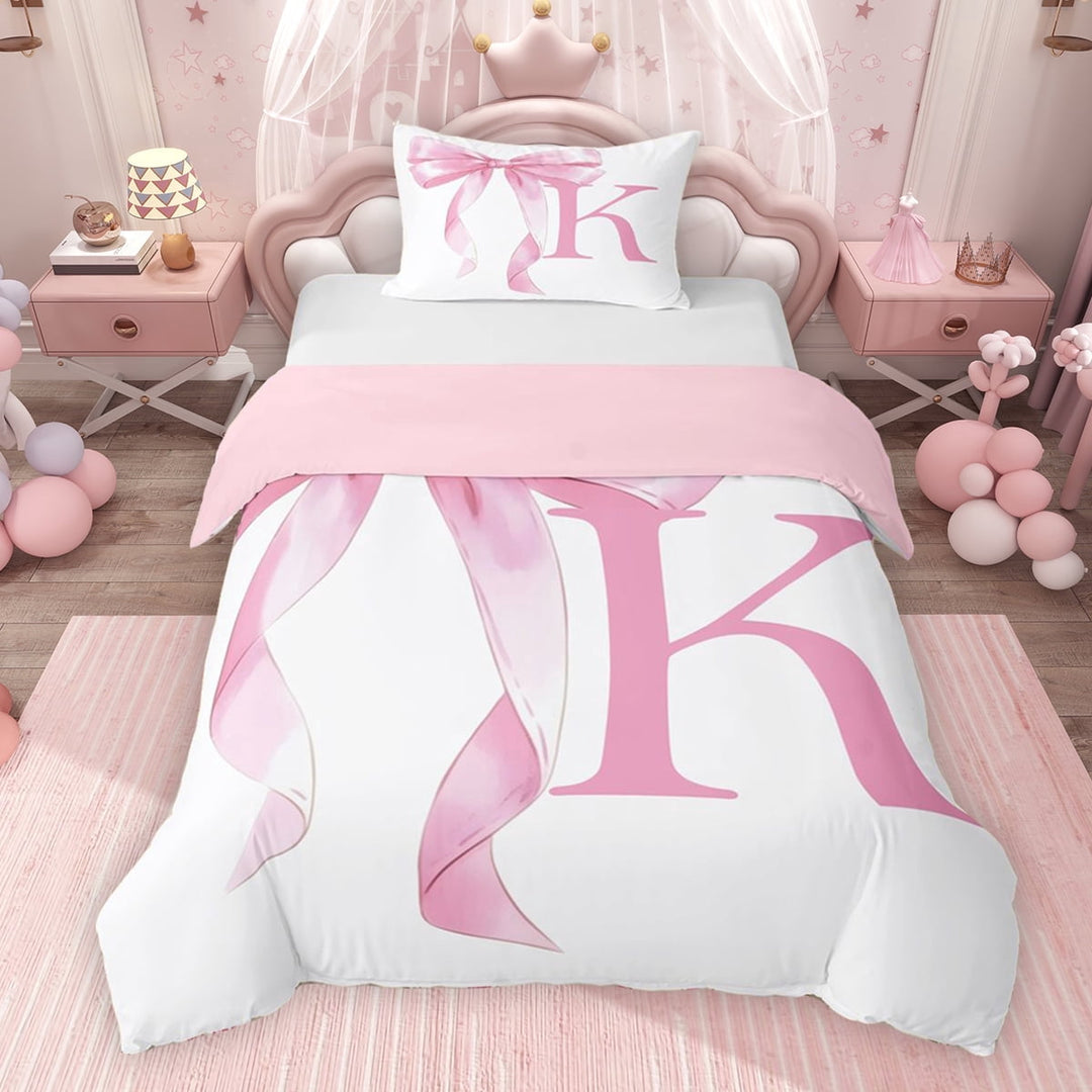 Erosebridal Girls Pink Bow Twin Bedding, K Letter Duvet Cover Set, Princess Style Bedroom Decor, Pink Reversible 2-Piece, 1 Duvet Cover and 1 Pillowcase (No Comforter)