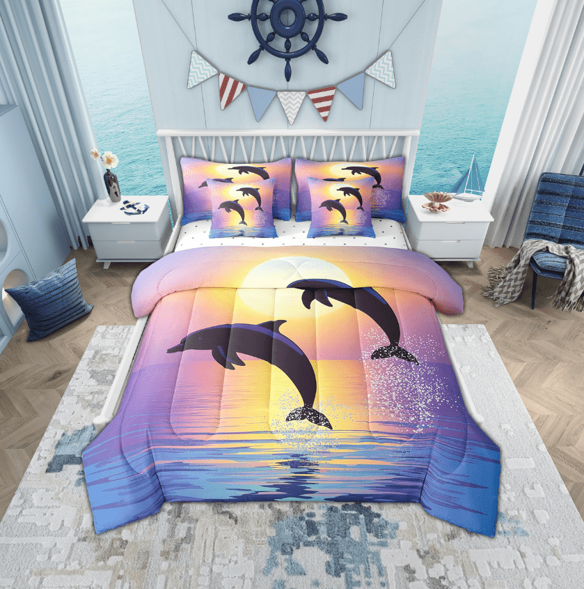 Erosebridal Couple Dolphin Bedding, Romantic Sunset Bed in a Bag, Ocean Animal Reversible Bed Set, Lightweight Room Decoration, 7pcs