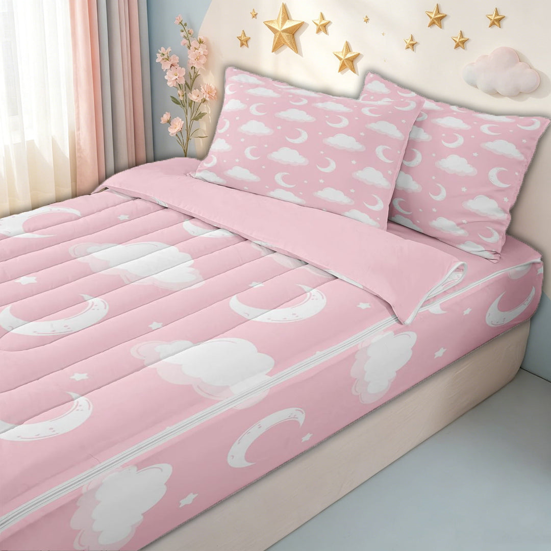 meiyoeat Dreamy Moon Zipper Full Size Comforter Sets with Fitted Sheet and 2 Pillowcases for Kids Girls, Cloud Star Zipper Bedding Set for Bedroom, Pink White, Pink ReversibleG
