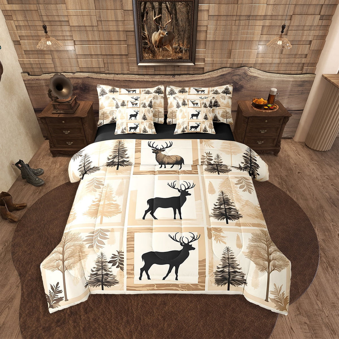 Hunting Deer Bedding Set Twin Size 7 Pcs,Rustic Cabin Lodge Bed in a Bag with Flat Fitted Sheet,Vintage Elk Moose Antlers Comforter Set with Pillowcase and Sham,Woodland Bed Sheets Set