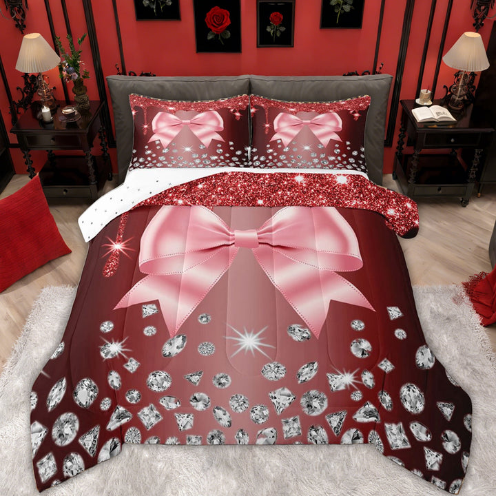Erosebridal Cartoon Bow-tie Kids Full Size Comforter Sets, Red Bling Diamond Print Bedding Sets, 3pcs