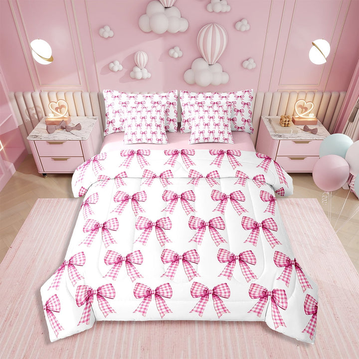 Eosebridal Cute Bowknot Comforter Set 7 Pieces Twin Size,Grid Bow Tie Bedding Set,Farmhouse Bed in a Bag,Comforter + Sheets + Pillowcases + Cushion Covers