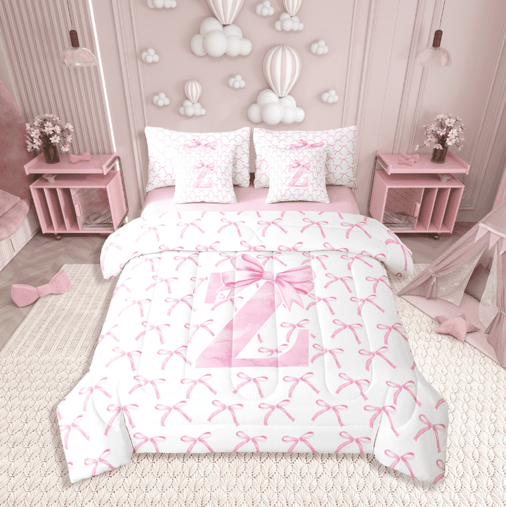 Erosebridal Kawaii Bowknot Bedding Sets Twin Size,Initial Letter Comforter Sets with Sheets,Monogrammed Decor,Reversible,7pcs