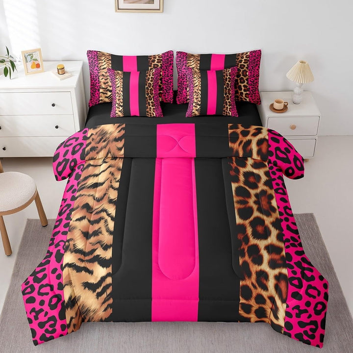 Leopard Print Queen Size 7 Piece Bedding Set Cheetah Comforter Animals Hot Pink Black Comforter Bedroom Decor Safari,Flat Sheet,Fitted Sheet,Pillowcases,Zebra