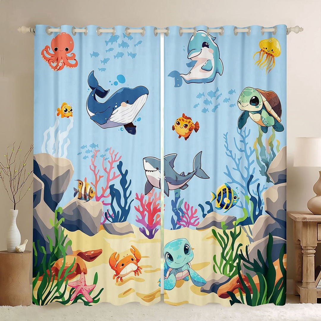 Manfei Cartoon Underwater Marine Life Black Out Curtains for Kids Boys and Girls, Whale Dolphin Shark Curtains Pack of 2 (42x63 Each)