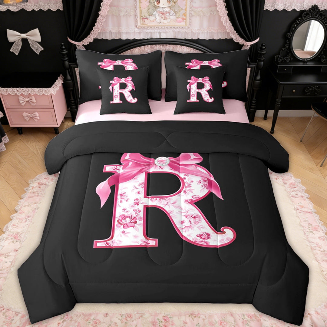 Erosebridal Floral Bow Letter R Twin Bedding Sets for Girls, Pink Initial Ribbon Bedding Comforter Set, Reversible, 7 Pieces