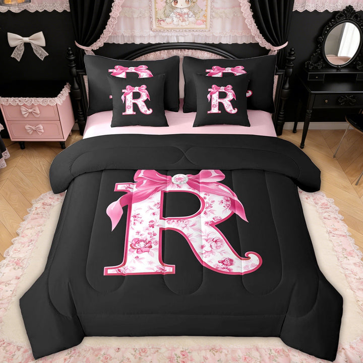 Erosebridal Floral Bow Letter R Twin Bedding Sets for Girls, Pink Initial Ribbon Bedding Comforter Set, Reversible, 7 Pieces