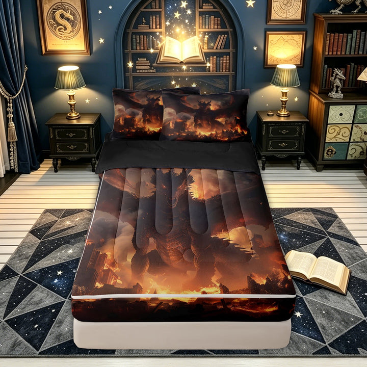 meiyoeat Ancient Flame Dragon Zipper Comforter Set with Fitted Sheet and 2 Pillowcases for Kids Boys Girls, Cartoon Magical Animal Zipper Bedding Set, Black Orange, Black Reversible, 3-Piece