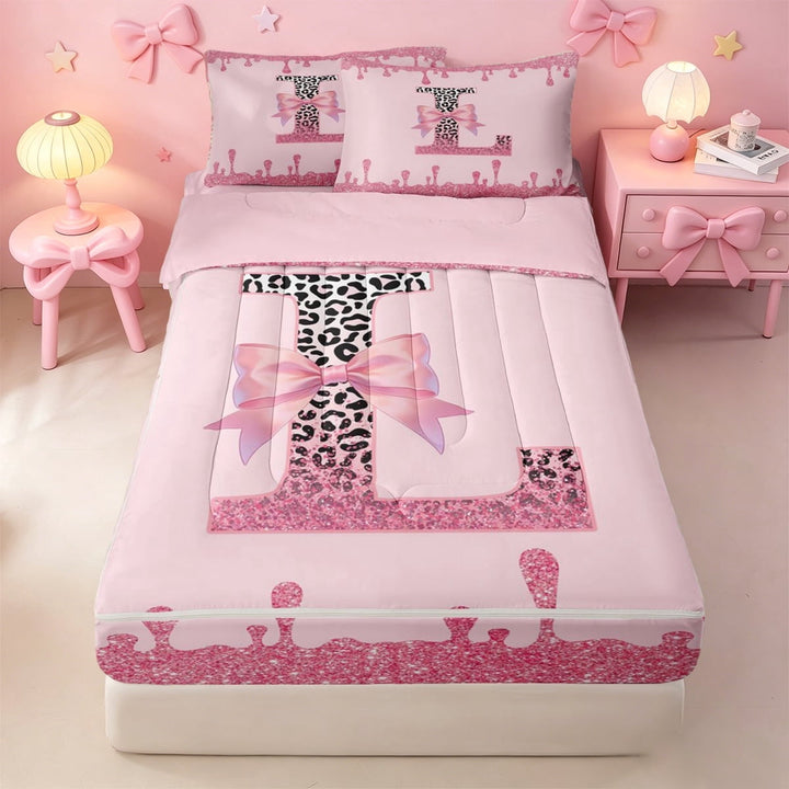meiyoeat Personalized Cheetah Initial L Zipper Twin Comforter Sets with Fitted Sheet and 2 Pillowcases For Girls,Pink Glitter Cream Drip Print Zipper Bedding Set,Pink Reversible,4-Piece