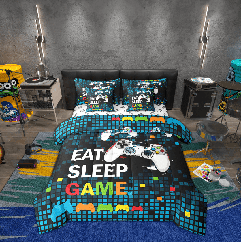 Erosebridal Game Player Bedding Sets Twin Size, Neon Blue Gamepad Comforter Sets with Sheets, Video Games Reversible Bedding Twin Size, Ultra Soft Room Decorative, 7-Piece