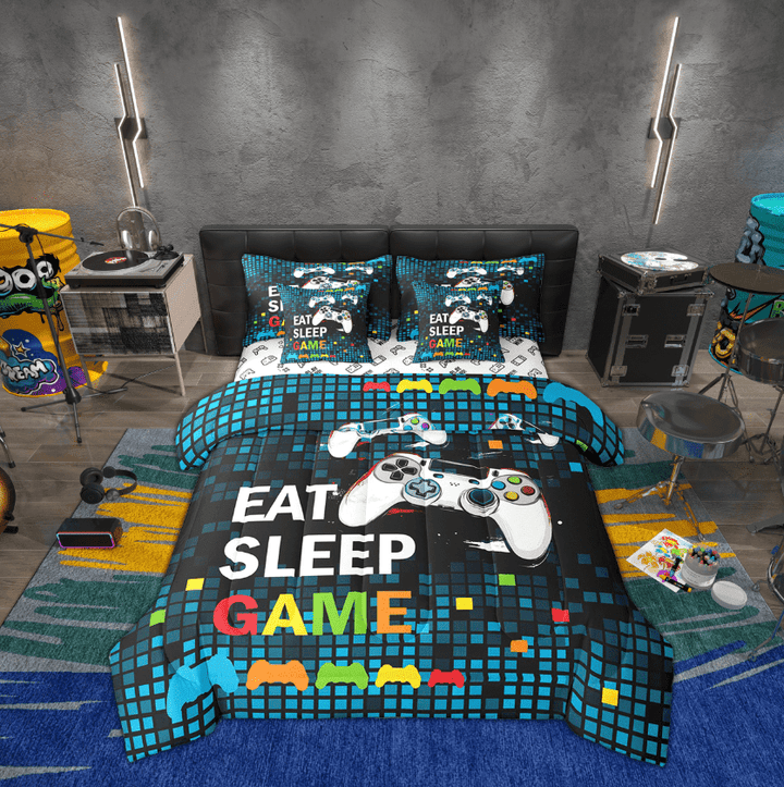 Erosebridal Game Player Bedding Sets Twin Size, Neon Blue Gamepad Comforter Sets with Sheets, Video Games Reversible Bedding Twin Size, Ultra Soft Room Decorative, 7-Piece