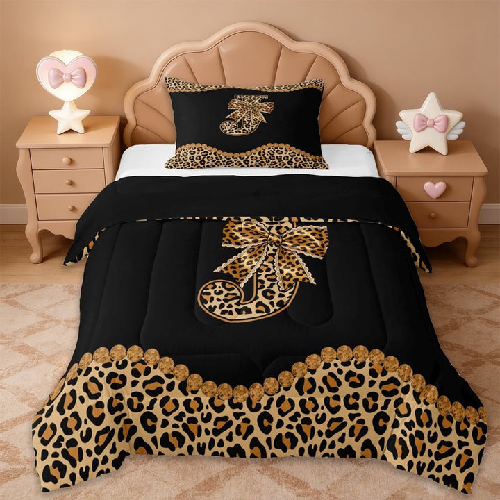 Erosebridal Wild Leopard Print Twin Comforter Sets,Cheetah Bows Theme First Letter J Kids Bedding Set For Girly,Black Reversible,2 Pieces