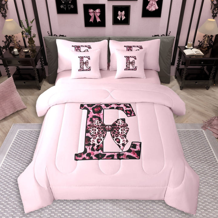 Erosebridal Black Pink Leopard Print Bow Knot Girl Twin Bedding Sets 7-Piece,Personalized Initial E Bedding Comforter Set For Teens,Pink Reversible